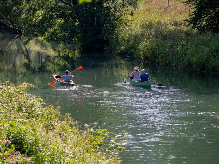 Zwei Kajaks auf einem bewaldeten Flussabschnitt